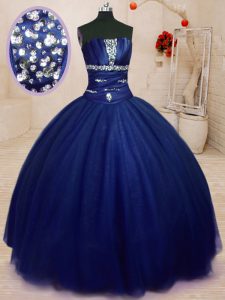 Cheap Royal Blue Ball Gowns Tulle Strapless Sleeveless Beading Floor Length Lace Up Sweet 16 Quinceanera Dress