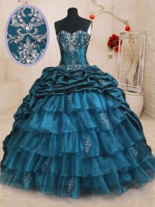 Beading and Appliques and Ruffled Layers and Pick Ups Quinceanera Dresses Teal Lace Up Sleeveless With Train Sweep Train