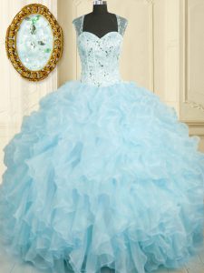 Sleeveless Floor Length Beading and Ruffles Lace Up Quince Ball Gowns with Baby Blue