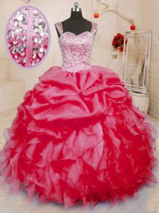 Sleeveless Organza Floor Length Lace Up Sweet 16 Dress in Coral Red with Beading and Ruffles and Pick Ups
