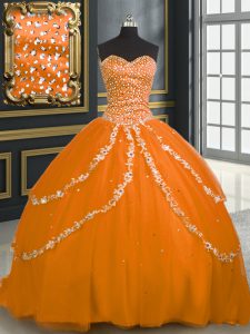 Charming Orange Ball Gowns Sweetheart Sleeveless Tulle With Brush Train Lace Up Beading and Appliques 15th Birthday Dres