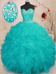 Aqua Blue Organza Lace Up Sweetheart Sleeveless Floor Length Quince Ball Gowns Beading and Ruffles