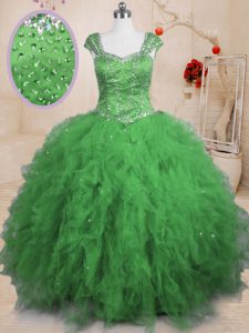 Cap Sleeves Floor Length Beading and Ruffles Lace Up Quince Ball Gowns