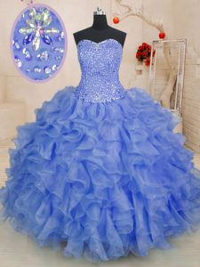 Luxury Sweetheart Sleeveless Sweet 16 Dress Floor Length Beading and Ruffles Blue Organza