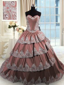 Edgy Brown Sweetheart Neckline Beading and Appliques and Ruffled Layers 15 Quinceanera Dress Sleeveless Lace Up
