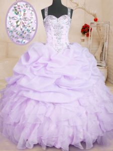 Lavender Ball Gowns Straps Sleeveless Organza Floor Length Lace Up Beading and Ruffles and Pick Ups Quinceanera Dress