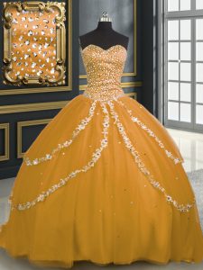 Sleeveless Brush Train Beading and Appliques Lace Up 15th Birthday Dress