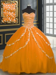 With Train Orange Quinceanera Gown Sweetheart Sleeveless Brush Train Lace Up