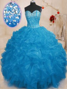 Blue Organza Lace Up Sweetheart Sleeveless Floor Length Ball Gown Prom Dress Beading and Ruffles