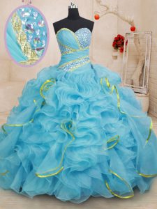 Sweet Baby Blue Lace Up Vestidos de Quinceanera Beading and Ruffles Sleeveless With Brush Train