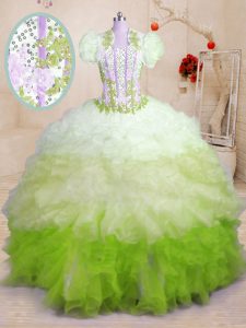 Decent Multi-color Organza Lace Up Sweet 16 Dress Sleeveless With Brush Train Beading and Appliques and Ruffles