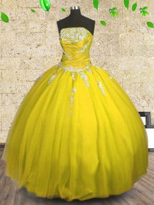 Customized Yellow Strapless Lace Up Appliques and Ruching 15th Birthday Dress Sleeveless