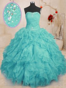 Custom Made Aqua Blue Ball Gowns Organza Strapless Sleeveless Beading and Ruffles Floor Length Lace Up Sweet 16 Dresses