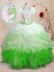 Organza Sweetheart Sleeveless Brush Train Lace Up Beading and Appliques and Ruffles Quinceanera Gowns in Multi-color