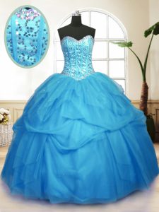 Baby Blue Ball Gowns Sequins and Pick Ups 15th Birthday Dress Lace Up Tulle Sleeveless Floor Length