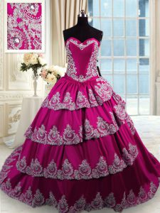 Excellent Ruffled Court Train Ball Gowns Sweet 16 Dress Fuchsia Sweetheart Taffeta Sleeveless With Train Lace Up