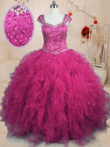 Fuchsia 15th Birthday Dress Military Ball and Sweet 16 and Quinceanera and For with Beading and Ruffles Square Cap Sleev