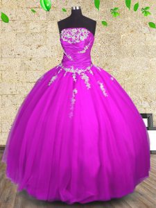 Popular Fuchsia Strapless Lace Up Appliques and Ruching Sweet 16 Quinceanera Dress Sleeveless