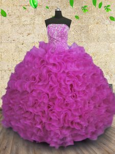 Elegant Fuchsia Sleeveless Organza Lace Up Quinceanera Dresses for Military Ball and Sweet 16 and Quinceanera