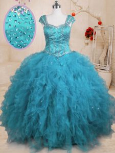 High Quality Floor Length Baby Blue Quinceanera Gowns Tulle Cap Sleeves Beading and Ruffles
