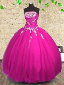 Glittering Tulle Strapless Sleeveless Lace Up Appliques and Ruching 15th Birthday Dress in Fuchsia