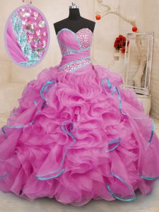 Vintage Sleeveless With Train Beading and Ruffles Lace Up Sweet 16 Dresses with Rose Pink Brush Train