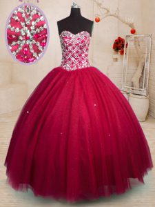 Ideal Red Ball Gowns Beading Sweet 16 Dresses Lace Up Tulle Sleeveless Floor Length