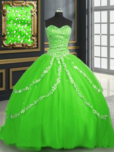 Sleeveless Brush Train Beading and Appliques With Train Quinceanera Gowns