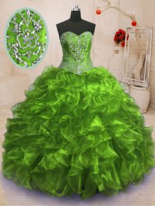 Exceptional Olive Green Sweetheart Neckline Beading and Ruffles Quinceanera Gown Sleeveless Lace Up