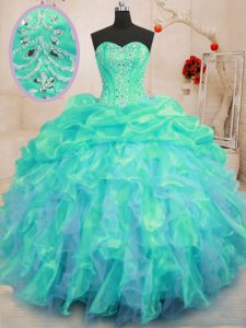 Superior Turquoise Sweetheart Neckline Beading and Ruffles Vestidos de Quinceanera Sleeveless Lace Up