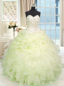Floor Length Lace Up Ball Gown Prom Dress Light Yellow for Military Ball and Sweet 16 and Quinceanera with Beading and R