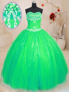 Gorgeous Green Lace Up Sweetheart Beading Ball Gown Prom Dress Tulle and Sequined Sleeveless