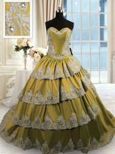 Ruffled Sweetheart Sleeveless Lace Up Quinceanera Dress Olive Green Satin