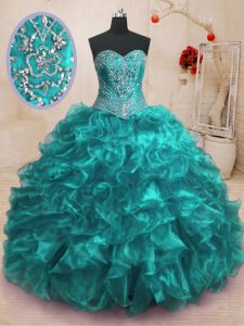 Best Selling Teal Lace Up Sweetheart Beading and Ruffles Quinceanera Gown Organza Sleeveless Sweep Train