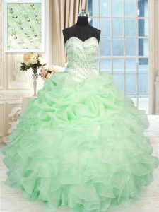 Fancy Apple Green Organza Lace Up Sweetheart Sleeveless Floor Length 15th Birthday Dress Beading and Ruffles