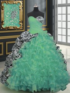 Fashionable Sweetheart Sleeveless Ball Gown Prom Dress With Brush Train Beading and Ruffles and Pattern Green Organza an