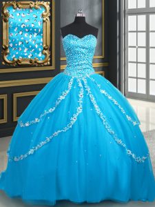 Amazing With Train Ball Gowns Sleeveless Baby Blue Quinceanera Gowns Brush Train Lace Up