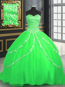 Sleeveless Brush Train Beading and Appliques With Train Vestidos de Quinceanera