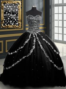 Custom Made Black Tulle Lace Up Quinceanera Dresses Sleeveless With Brush Train Beading and Appliques