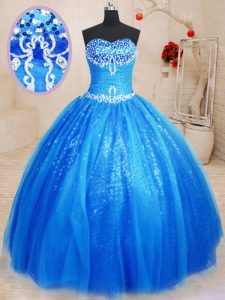 Smart Royal Blue Lace Up 15th Birthday Dress Beading and Appliques Sleeveless Floor Length