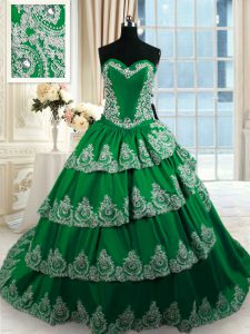 Elegant Dark Green Sleeveless Court Train Beading and Appliques and Ruffled Layers With Train Quinceanera Dress