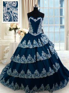 Low Price Sweetheart Sleeveless Quinceanera Dress With Train Court Train Beading and Appliques and Ruffled Layers Navy B