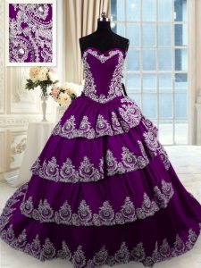 Stylish Purple Ball Gowns Taffeta Sweetheart Sleeveless Beading and Appliques and Ruffled Layers With Train Lace Up Quin