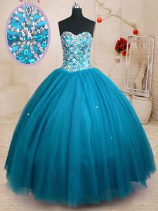 Ball Gowns 15th Birthday Dress Teal Sweetheart Tulle Sleeveless Floor Length Lace Up