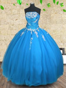 Suitable Ball Gowns Sweet 16 Dress Blue Strapless Tulle Sleeveless Floor Length Lace Up