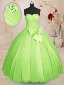 Inexpensive Yellow Green Lace Up Quinceanera Gowns Beading and Bowknot Sleeveless Floor Length