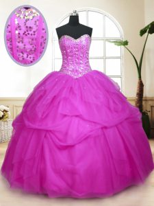 Sequins Pick Ups Sweetheart Sleeveless Lace Up Quinceanera Dresses Fuchsia Tulle
