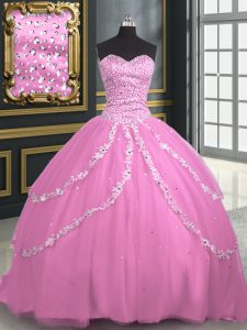 Sexy With Train Lace Up Quinceanera Gown Rose Pink for Military Ball and Sweet 16 and Quinceanera with Beading and Appli