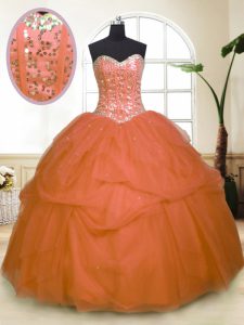 Low Price Sequins Pick Ups Orange Sleeveless Tulle Zipper Quince Ball Gowns for Military Ball and Sweet 16 and Quinceane