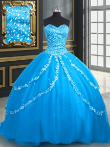 Beading and Appliques Quinceanera Gowns Aqua Blue Lace Up Sleeveless With Brush Train
